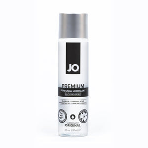 JO Premium Personal Lubricant Silicone-Based 4 fl oz (120ml) bottle. On the bottle are product feature icons for: A silky smooth feeling - Never sticky or tacky; Lubricant original; Made without - Parabens, Glycerin, Glycol.