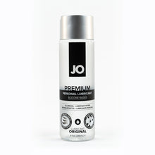 Load image into Gallery viewer, JO Premium Personal Lubricant Silicone-Based 8 fl oz (240ml) bottle. On the bottle are product feature icons for: A silky smooth feeling - Never sticky or tacky; Lubricant original; Made without - Parabens, Glycerin, Glycol.