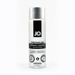 JO Premium Personal Lubricant Silicone-Based 8 fl oz (240ml) bottle. On the bottle are product feature icons for: A silky smooth feeling - Never sticky or tacky; Lubricant original; Made without - Parabens, Glycerin, Glycol.