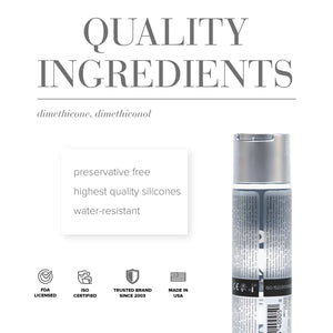 Quality Ingredients: dimethicone, dimethiconol. Product features: Preservative free; Highest quality silicones; Water-resistant; FDA licensed; ISO certified; Trusted brand since 2003; Made in USA. In the bottom right of the image is the back of the JO Premium Silicone Personal Lubricant bottle.