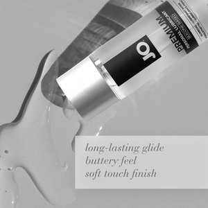 Image showing a bottle of JO Premium Silicone Personal Lubricant spilling out lubricant against a grey background. Product features: Long-Lasting glide; buttery feel; soft touch finish.