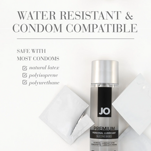 Water Resistant & Condom Compatible. Safe to use with: Natural latex (Checked); Polyisoprene (Checked); Polyurethane (Checked). In the lower right corner is a bottle of JO Premium Silicone Personal Lubricant laying under two unbranded condom packets with the condom packet on the left showing it's ripped open.