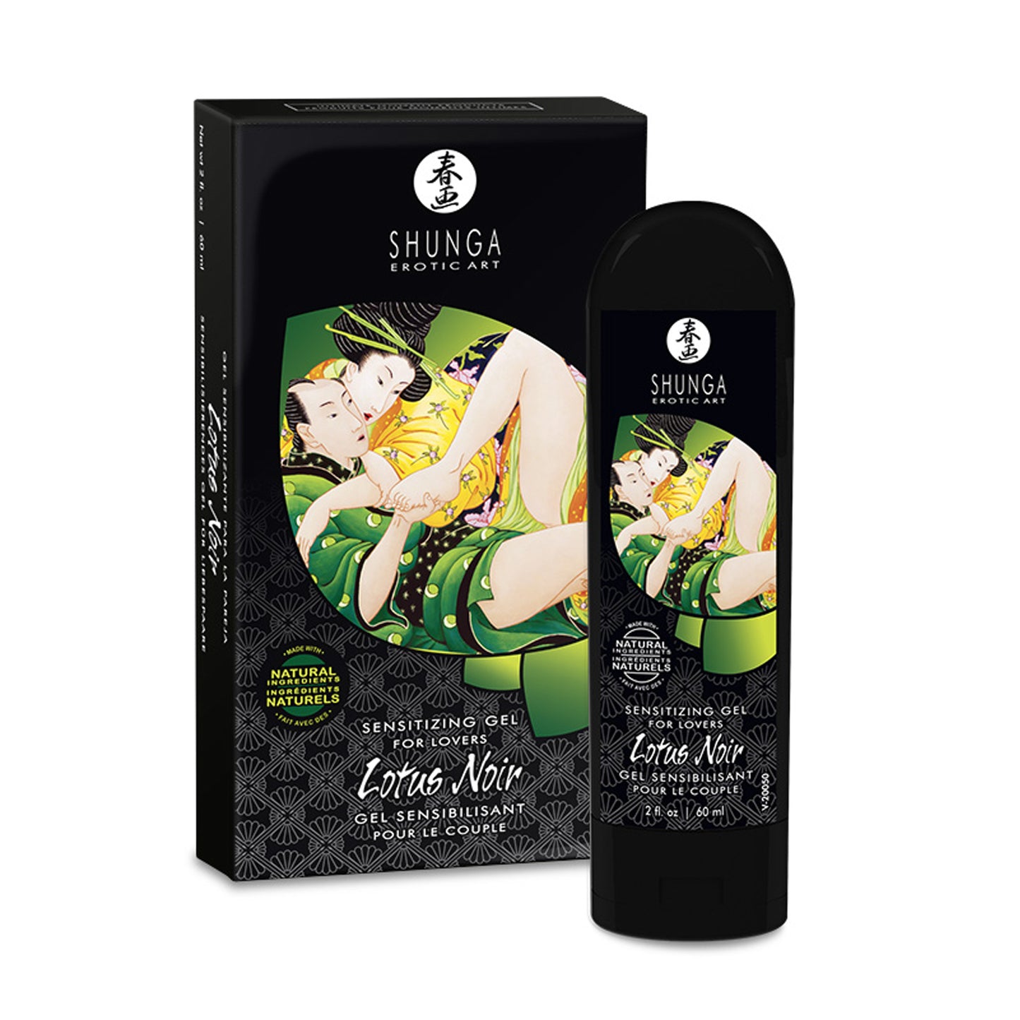 SHUNGA Lotus Noir external stimulant packaging and bottle with natural vegetable glycerin label, designed for clitoral and penis sensitivity.