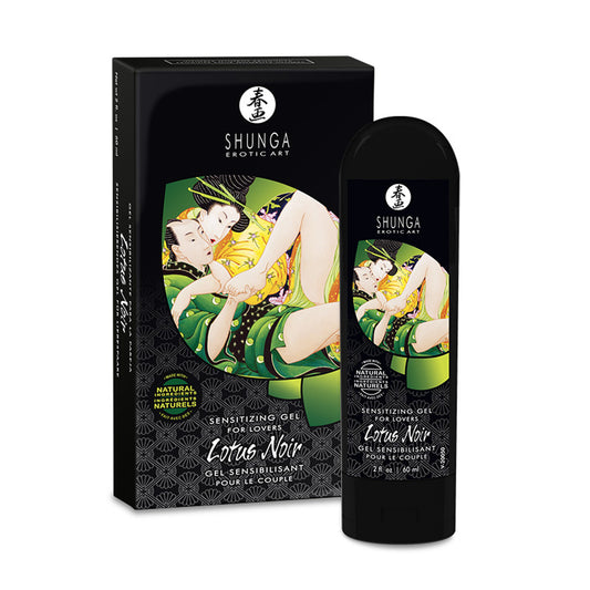 SHUNGA Lotus Noir external stimulant packaging and bottle with natural vegetable glycerin label, designed for clitoral and penis sensitivity.