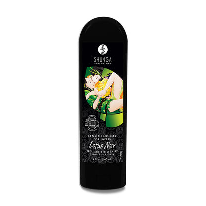 Black 60ml bottle of SHUNGA Lotus Noir Sensitizing Gel for Lovers featuring traditional Japanese erotic art and green accents.