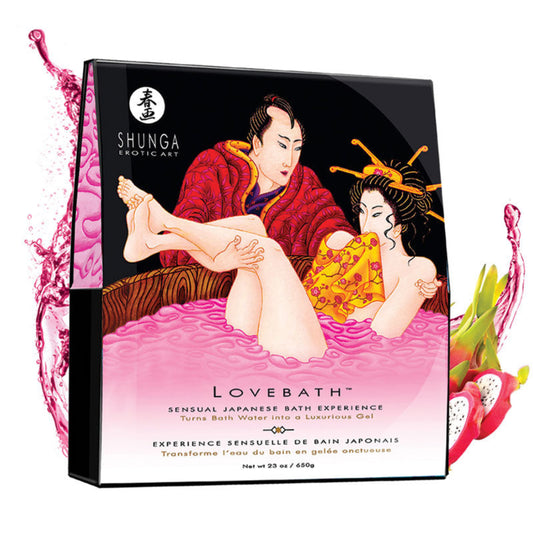 SHUNGA Lovebath Dragon Fruit packaging featuring Japanese erotic art and a pink gel bath with dragon fruit accents.