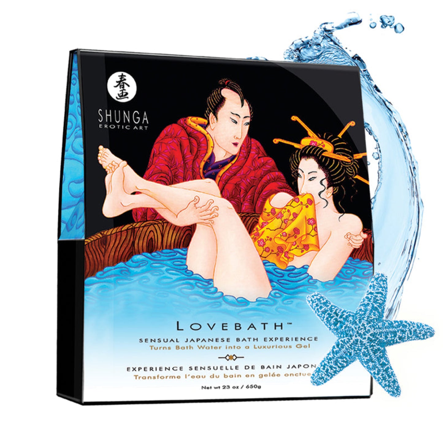 SHUNGA Lovebath Ocean Temptations box with blue gel bath illustration, Japanese art, and a blue starfish.