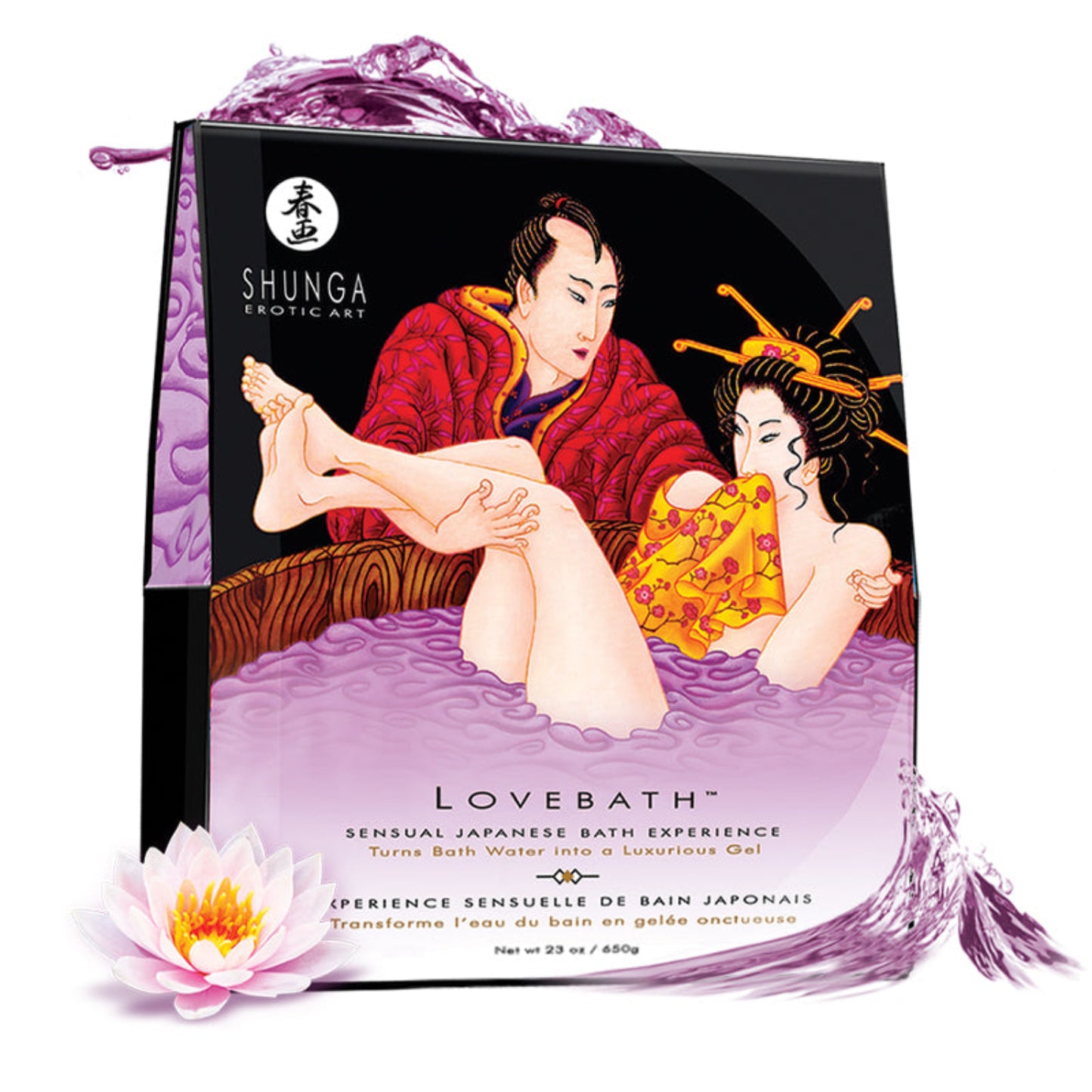 SHUNGA Lovebath Sensual Lotus packaging displaying purple gel bath, Japanese erotic art, and a pink lotus flower.