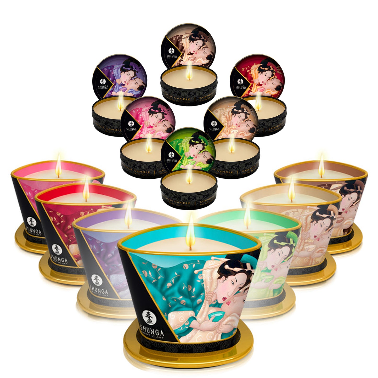 The complete SHUNGA massage candle collection featuring both 30ml travel tins and 170ml luxury jars in multiple aphrodisiac scents.