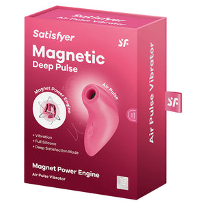 On the front of the packaging are the Satisfyer logos, product name: Magnetic Deep Pulse, below are feature icons for: Magnetic Power Engine;  Vibration; Full silicone; Deep satisfaction Mode, beside is an image of the Air Pulse Vibrator, below "Magnetic power Engine Air Pulse Vibrator, and beside is a stamp for: 15 year guarantee. On the right side is printed Air Pulse Vibrator, and a tag with the SF logo sticking out.