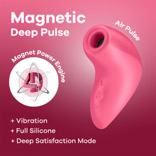 Load image into Gallery viewer, Product name: Magnetic Deep Pulse, below is are feature icons for: Magnetic Power Engine;  Vibration; Full silicone; Deep satisfaction Mode, and beside is an image of the Air Pulse Vibrator.