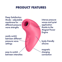 Load image into Gallery viewer, Satisfyer Magnetic Deep Air Pulse Vibrator features: Intense pressure waves and quiet application thanks to the Magnet Power Engine (pointing at side); Body-Friendly silicone (pointing at material); Magnetic charging connection (pointing at lower back); Easy to switch between intensities (Pointing at +/- controls); Easily switch between different pressure wave settings (pointing at controls); Deep Satisfaction Mode - adjustable membrane for different pressure wave strengths (pointing at head).