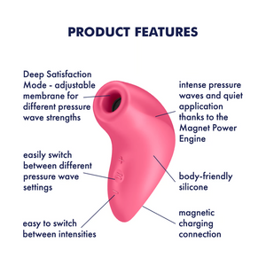 Satisfyer Magnetic Deep Air Pulse Vibrator features: Intense pressure waves and quiet application thanks to the Magnet Power Engine (pointing at side); Body-Friendly silicone (pointing at material); Magnetic charging connection (pointing at lower back); Easy to switch between intensities (Pointing at +/- controls); Easily switch between different pressure wave settings (pointing at controls); Deep Satisfaction Mode - adjustable membrane for different pressure wave strengths (pointing at head).