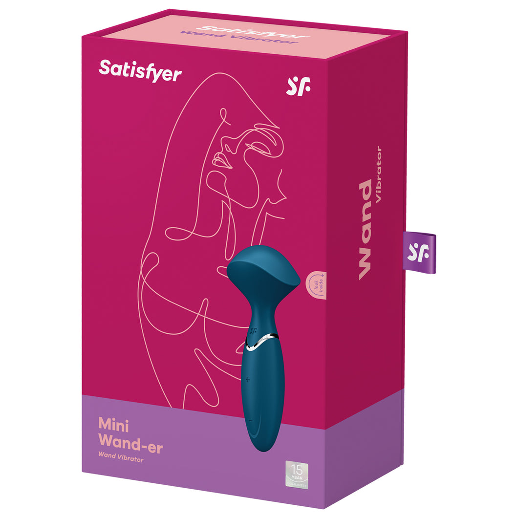 On the front of the package shows the Satisfyer logos, an image of the product, the product name: Mini Wand-er Wand Vibrator, and 15 year guaranatee stamp at the bottom right. On the right side of the packaging has 