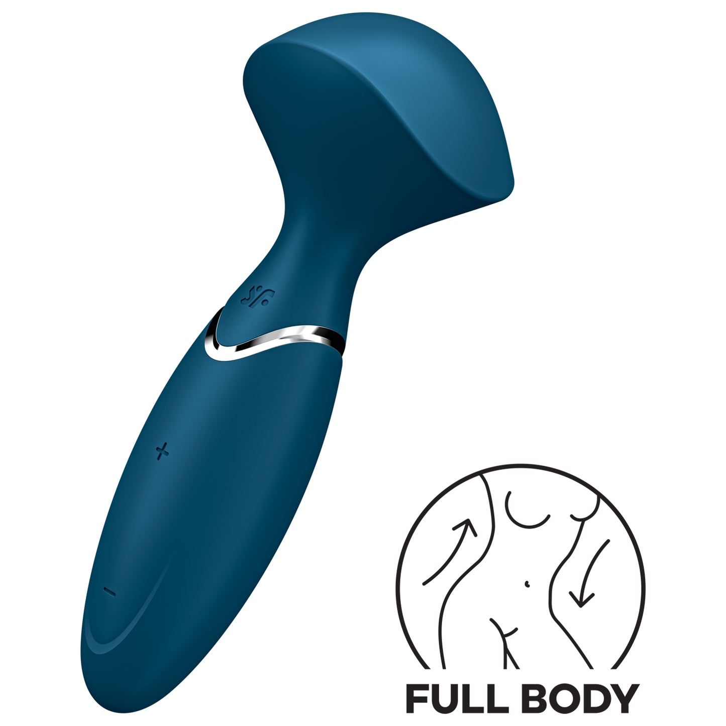 Front side image of the Satisfyer Mini Wand-er Vibrator, and at the bottom right is an icon for: Full Body.