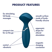 Charger l&#39;image dans la galerie, Satisfyer Mini Wand-er Vibrator Product Features: smooth surface made of body-friendly silicone (pointing at the top); ergonomic shape for clitoral stimulation (pointing at the product&#39;s head); Magnetic charging connection (pointing at the back); Control vibrations (pointing to the control buttons); Compact size for on the go (Pointing at the general area); For stimulating full-body massages (pointing to the top).