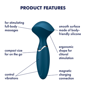 Satisfyer Mini Wand-er Vibrator Product Features: smooth surface made of body-friendly silicone (pointing at the top); ergonomic shape for clitoral stimulation (pointing at the product's head); Magnetic charging connection (pointing at the back); Control vibrations (pointing to the control buttons); Compact size for on the go (Pointing at the general area); For stimulating full-body massages (pointing to the top).