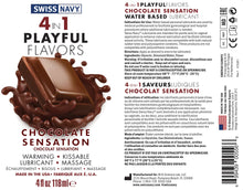 Load image into Gallery viewer, Swiss Navy 4 In 1 Chocolate Sensation Warming, Kissable, Lubricant, Massage, Made In the USA, 4 fl oz 118 ml 4-IN- 1 PLAYFULFLAVORS CHOCOLATE SENSATION WATER BASED LUBRICANT Indications for Use: Water based personal lubricants are used by medical professionals to facilitate gynecological and hospital procedures where additional lubrication is needed. Swiss Navy® Lubricants are intended for penile and/or vaginal application to enhance natural lubrication and facilitate intimate sexual activity.