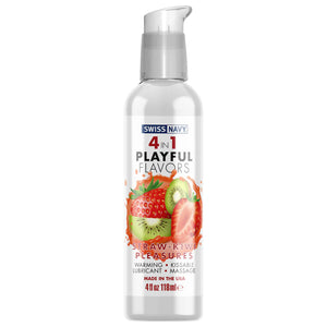 Swiss Navy 4 In 1 Playful Flavors Straw-Kiwi Pleasures Warming, Kissable, Lubricant Massage, Made in the USA 4 fl oz 118 ml bottle.