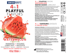 Load image into Gallery viewer, Swiss Navy 4 In 1 Playful Flavors Watermelon Warming, Kissable, Lubricant, Massage, Made in the USA 4 fl oz 118 ml bottle. 4-IN-1 PLAYFUL FLAVORS WATERMELON WATER BASED LUBRICANT Indications for Use: Water based personal lubricants are used by medical professionals to facilitate gynecological and hospital procedures where additional lubrication is needed. Swiss Navy® Lubricants are intended for penile and/or vaginal application to enhance natural lubrication and facilitate intimate sexual activity.