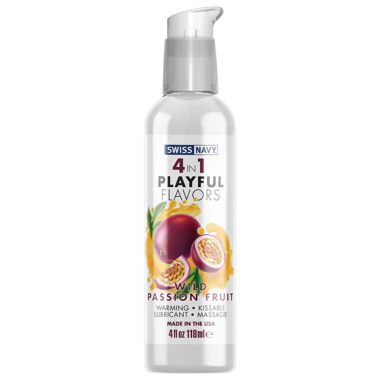 Swiss Navy 4 In 1 Palyful Flavors Wild Passion Fruit Warming, Kissable, Lubricant, Massage, Made in the USA 4 fl oz 118 ml bottle