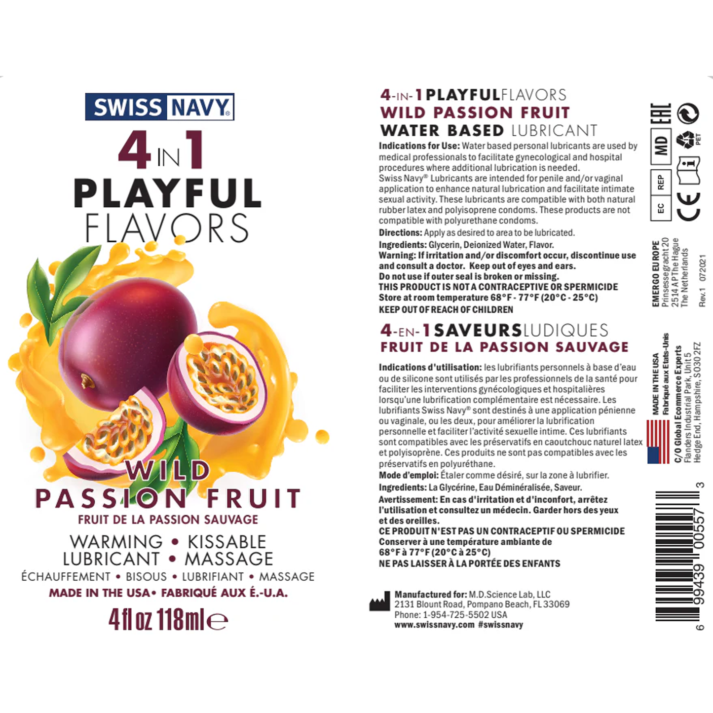 Swiss Navy 4 In 1 Palyful Flavors Wild Passion Fruit Warming, Kissable, Lubricant, Massage, Made in the USA 4 fl oz 118 ml.  4-IN-1 PLAYFULFLAVORS WILD PASSION FRUIT WATER BASED LUBRICANT Indications for Use: Water based personal lubricants are used by medical professionals to facilitate gynecological and hospital procedures where additional lubrication is needed. Swiss Navy® Lubricants are intended for penile and/or vaginal application to enhance natural lubrication and facilitate intimate sexual activity.