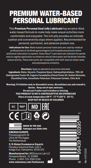 PREMIUM WATER-BASED PERSONAL LUBRICANT This Premium Personal Anal Jelly Lubricant has an extra-thick water-based formula to make help make sexual activities more comfortable and enjoyable. The rich jelly provides an intimate cushion and conveniently stays where applied. Recommended for personal, partnered, and pleasure product use. Indications for Use: Water based personal lubricants are used by medical professionals to facilitate gynecological and hospital procedures where additional lubrication is needed.