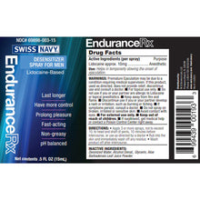Charger l&#39;image dans la galerie, Swiss Navy Endurance RX Desensitizer Spray For Men Lidocaine-Based, NDC# 69898-003-15, Last longer, Have more control, Fast-acting, Non-greasy, pH balanced, Net contents: .5 fl oz (15ml). Endurance Rx Drug Facts, Active Ingredients (per spray) Lidocaine approx. 10mmg; purpose: Anesthetic; Use: Helps in temporarily showing the onset of ejaculation. WARNINGS: Premature Ejaculation may be due to a condition requiring medical supervision.