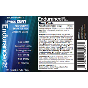 Swiss Navy Endurance RX Desensitizer Spray For Men Lidocaine-Based, NDC# 69898-003-15, Last longer, Have more control, Fast-acting, Non-greasy, pH balanced, Net contents: .5 fl oz (15ml). Endurance Rx Drug Facts, Active Ingredients (per spray) Lidocaine approx. 10mmg; purpose: Anesthetic; Use: Helps in temporarily showing the onset of ejaculation. WARNINGS: Premature Ejaculation may be due to a condition requiring medical supervision.
