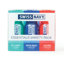 Load image into Gallery viewer, Swiss Navy Essentials Variety Pack Toy &amp; Body Cleaner 1 fl oz (30 ml), Water Based Lubricant 1 fl oz (30 ml), Silicone Lubricant 1 fl oz (30 ml).