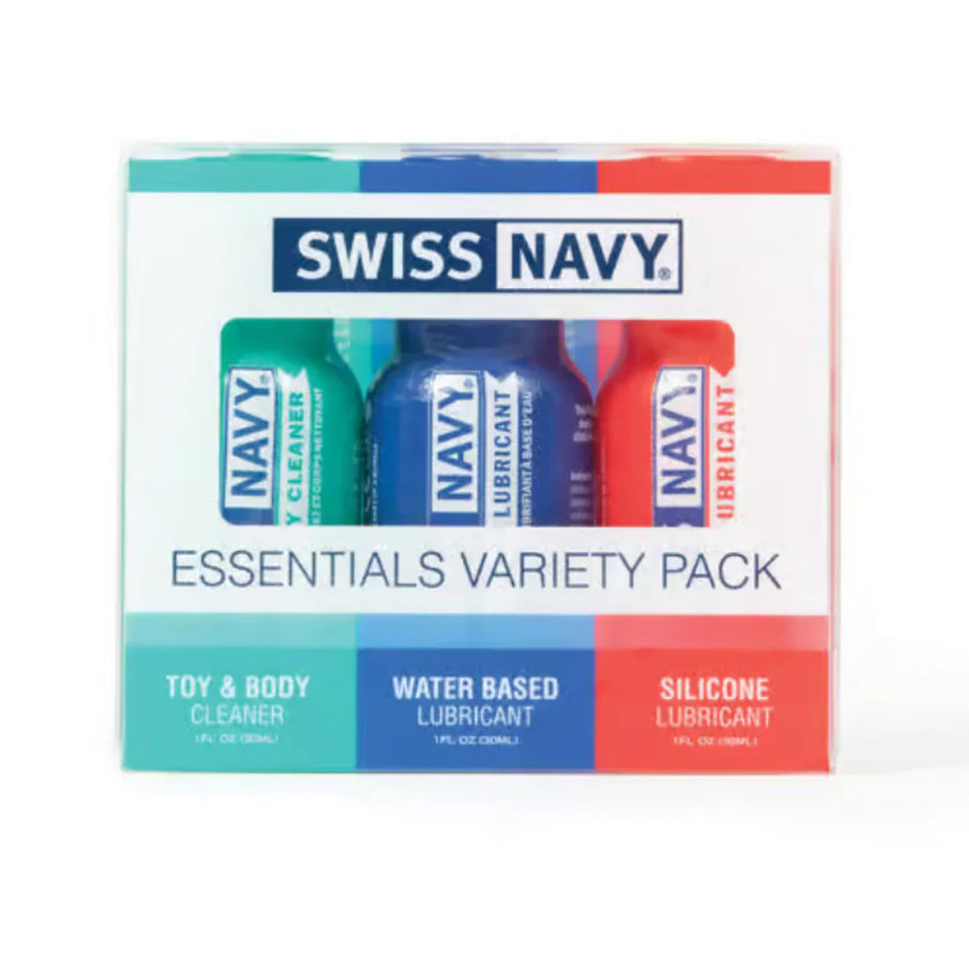 Swiss Navy Essentials Variety Pack Toy & Body Cleaner 1 fl oz (30 ml), Water Based Lubricant 1 fl oz (30 ml), Silicone Lubricant 1 fl oz (30 ml).
