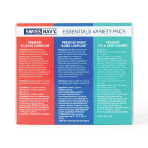 Swiss Navy Essentials Variety Pack: PREMIUM SILICONE LUBRICANT Indications for Use: Silicone personal lubricants are used by medical professionals to facilitate Gynecological and hospital procedures where additional lubrication is needed. Swiss Navy" Lubricants are intended for penile and/orvaginal application to enhance natural lubrication and facilitate intimate sexual activity. These lubricants are compatible with natural rubberlatex, polyurethane, and polyisoprene condoms.