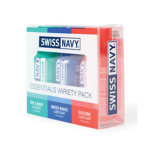 Front Side view of the Swiss Navy Essential Variety Pack. Swiss Navy Essentials Variety Pack Toy & Body Cleaner 1 fl oz (30 ml), Water Based Lubricant 1 fl oz (30 ml), Silicone Lubricant 1 fl oz (30 ml). On the right side is the Swiss Navy logo stretched across.