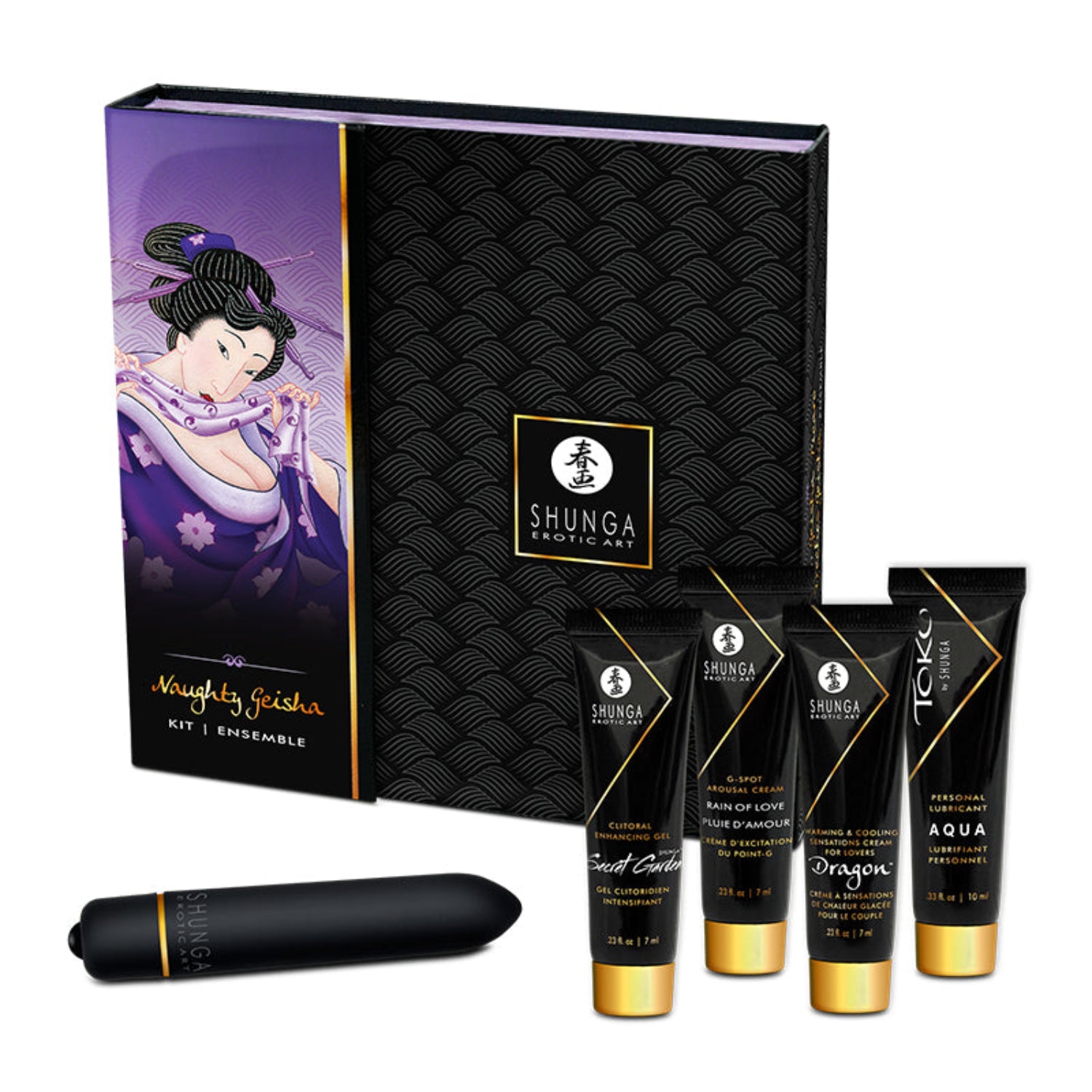 The complete SHUNGA Naughty Geisha kit showing the illustrated gift box alongside the four arousal creams and the bullet vibrator.
