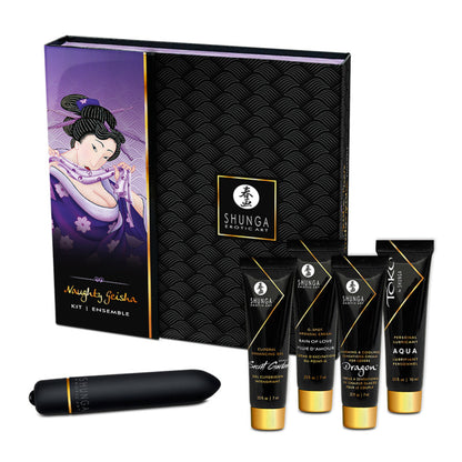 The complete SHUNGA Naughty Geisha kit showing the illustrated gift box alongside the four arousal creams and the bullet vibrator.