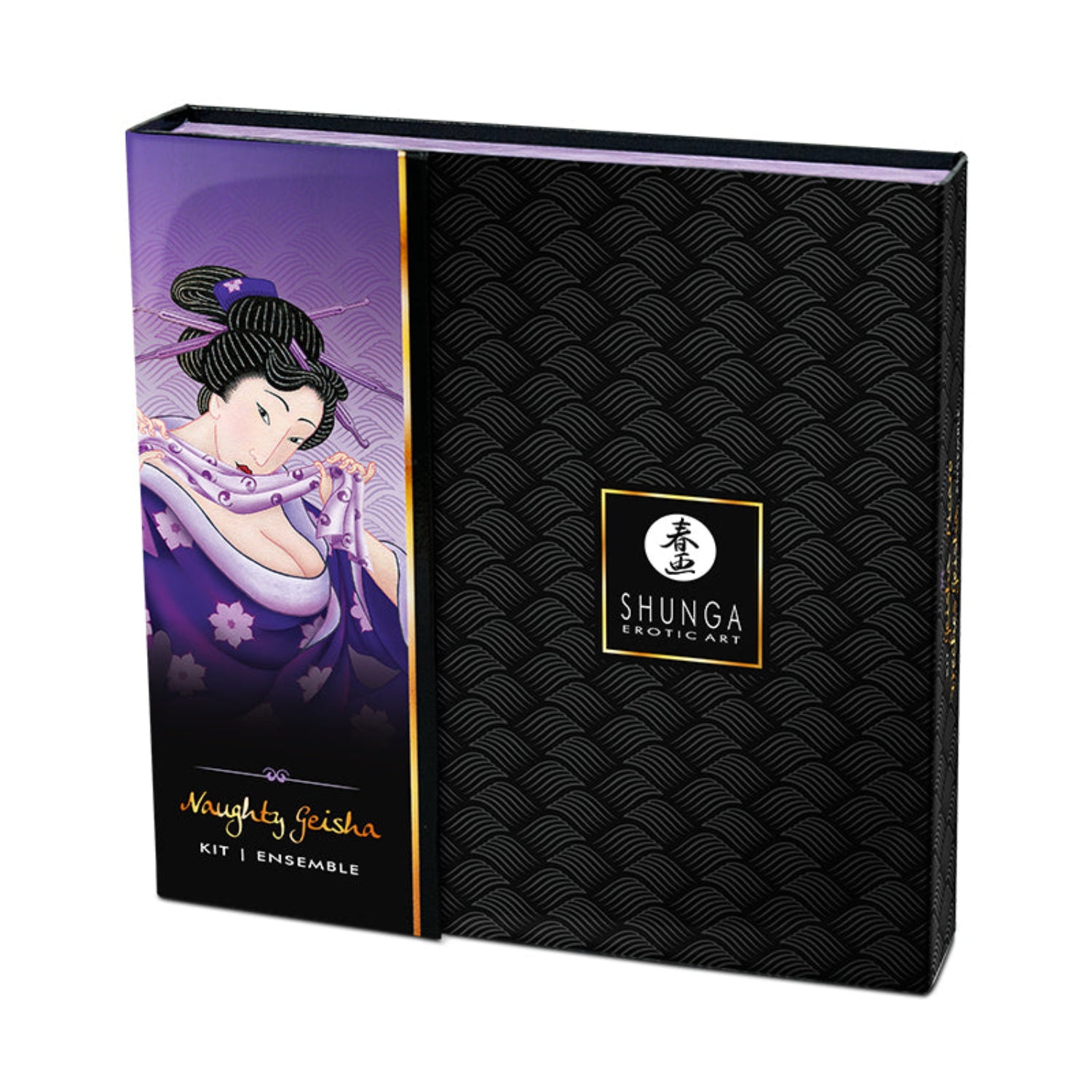 SHUNGA Naughty Geisha intimacy kit in a decorative purple and black box featuring traditional Japanese-inspired erotic geisha artwork.