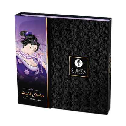 SHUNGA Naughty Geisha intimacy kit in a decorative purple and black box featuring traditional Japanese-inspired erotic geisha artwork.