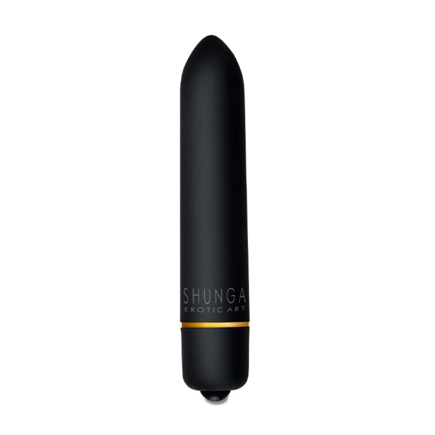 Sleek matte black 10-speed vibrating bullet with the SHUNGA EROTIC ART logo and a decorative gold band.