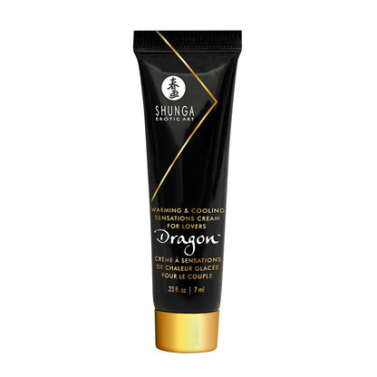 SHUNGA Dragon warming and cooling intensifying cream for lovers in a travel-sized 7 ml / 0.23 oz black and gold tube.
