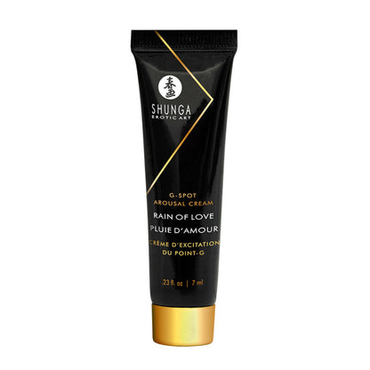 SHUNGA Rain of Love G-spot arousal cream in a 7 ml  / 0.23 oz travel-sized tube with gold accents.
