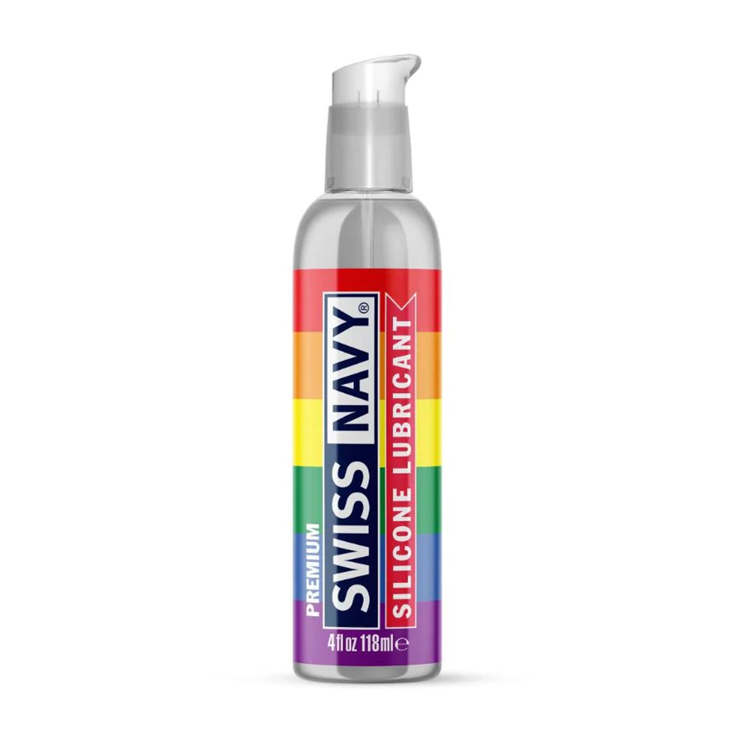 Premium Swiss Navy Silicone Lubricant 4 fl oz / 118 ml Pride Edition bottle.