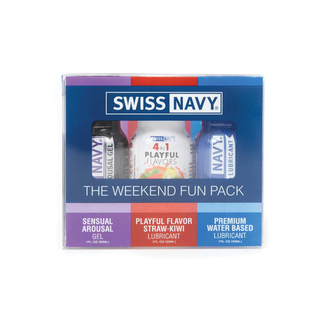 Swiss Navy The Weekend Fun Pack Sensual Arousal Gel 1 fl oz (30 ml), Playful Flavor Straw-Kiwi Lubricant 1 fl oz (30 ml), Premium Water Based Lubricant 1 fl oz (30 ml).