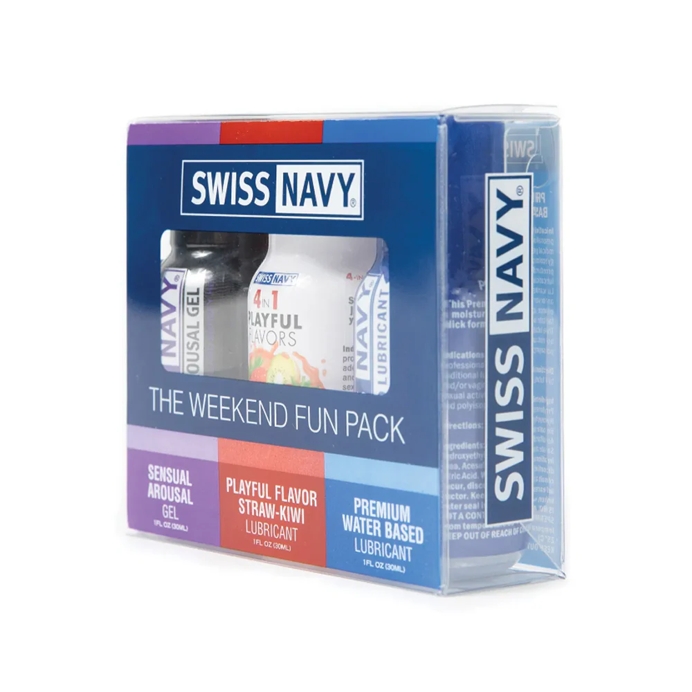 Front side view of the Swiss Navy Weekend Fun Pack with three bottles visible through a clear packaging window.