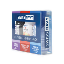 Load image into Gallery viewer, Front side view of the Swiss Navy The Weekend Fun Pack Packaging. On the front of the package is the Swiss Navy logo, a window showing the product partially inside, product name: The Weekend Fun pack, Sensual Arousal Gel 1 fl oz (30 ml), Playful Flavor Straw-Kiwi Lubricant 1 fl oz (30 ml), Premium Water Based Lubricant 1 fl oz (30 ml). On the right side is the Swiss navy logo streched across.