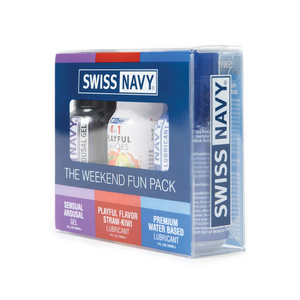 Front side view of the Swiss Navy The Weekend Fun Pack Packaging. On the front of the package is the Swiss Navy logo, a window showing the product partially inside, product name: The Weekend Fun pack, Sensual Arousal Gel 1 fl oz (30 ml), Playful Flavor Straw-Kiwi Lubricant 1 fl oz (30 ml), Premium Water Based Lubricant 1 fl oz (30 ml). On the right side is the Swiss navy logo streched across.