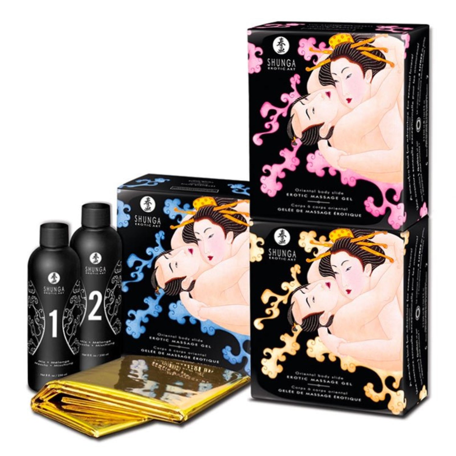 Three SHUNGA Oriental Body to Body Massage Gel kit boxes in blue, pink, and orange, displayed with two mixing bottles and a folded gold waterproof sheet.