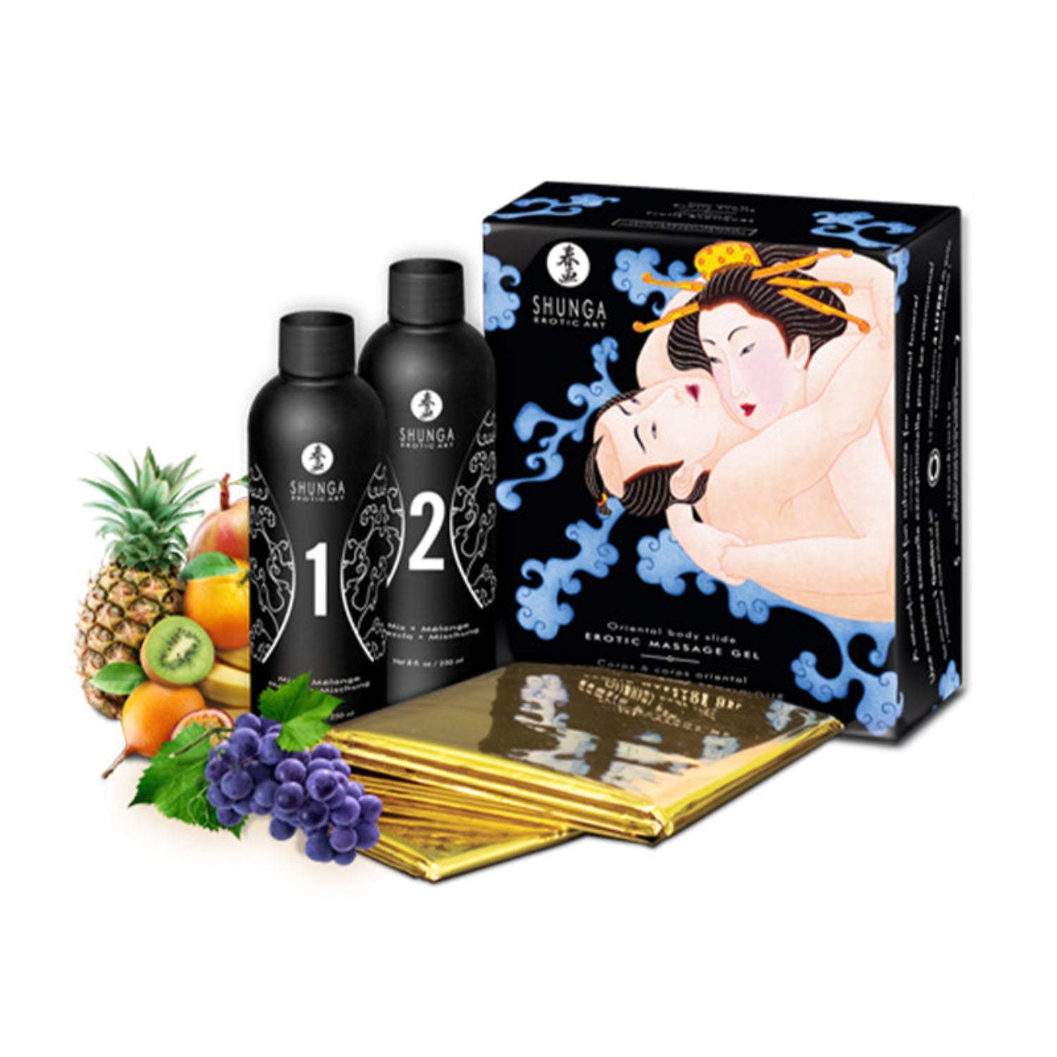 SHUNGA Exotic Fruits Body to Body Massage Gel kit featuring blue cloud graphics, two black mixing bottles, a gold waterproof sheet, and a graphic of tropical fruits like pineapple, kiwi, and grapes.