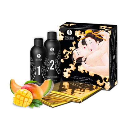 SHUNGA Melon Mango Body to Body Massage Gel kit with orange cloud graphics, mixing bottles, a gold waterproof sheet, and a graphic of sliced cantaloupe and mango.