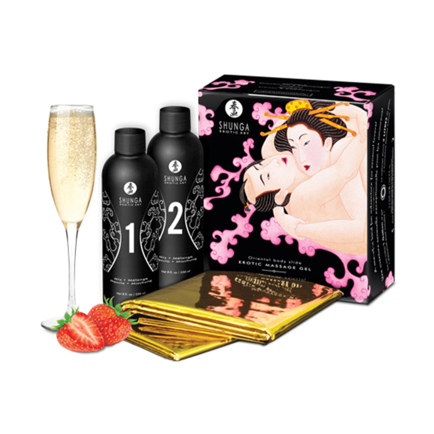SHUNGA Sparkling Strawberry Wine Body to Body Massage Gel kit with pink cloud graphics, mixing bottles, a gold waterproof sheet, and a graphic of fresh strawberries and a glass of champagne.