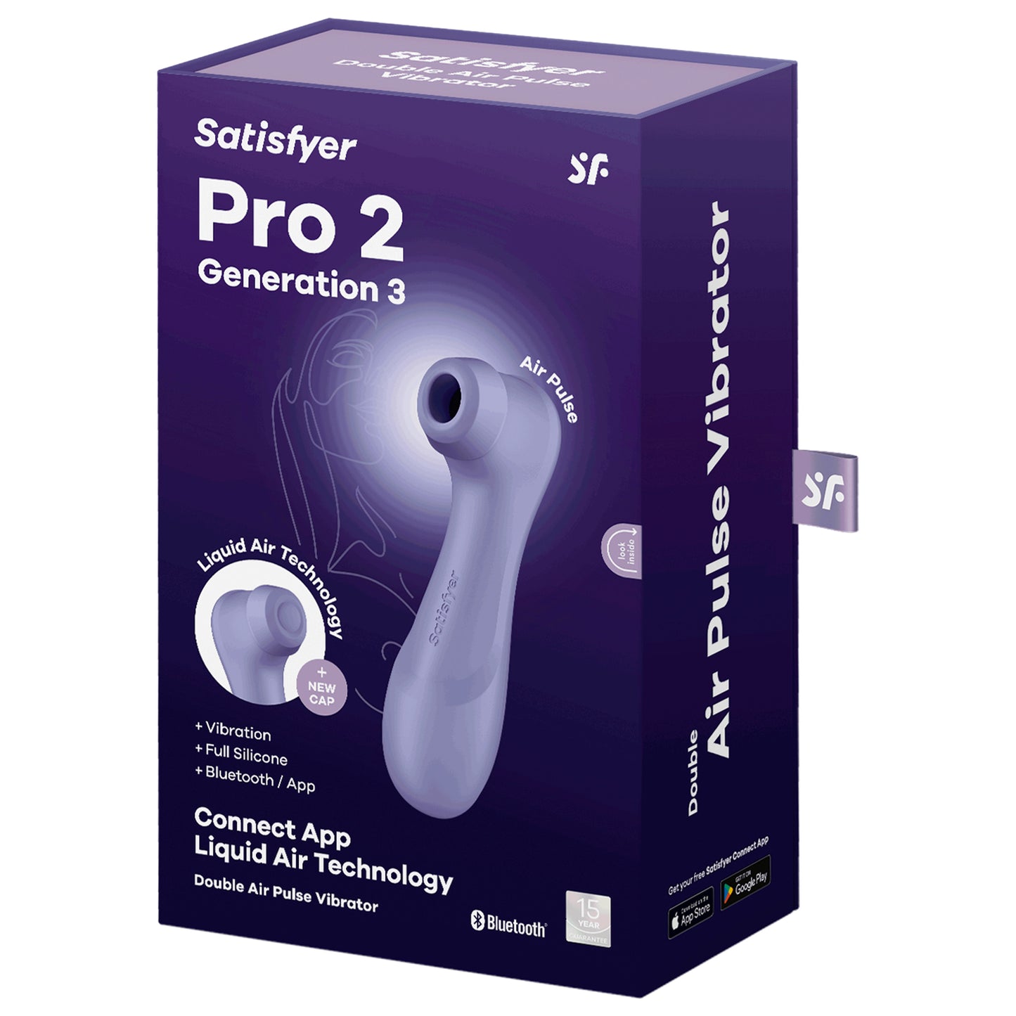 Front packaging shows the Satisfyer logos, model: Pro 2 Generation 3, image of product with "Air Pulse" printed above, a separate close up image of product's Liquid Air cap with text "liquid Air Technology + New Cap", product features: Vibration; Full silicone; Bluetooth / App; Connect App Liquid Air Technology,  product name: Double Air Pulse Vibrator, and beside the bluetooth logo, and 15 year guarantee mark. Right side of packaging shows "Double Air Pulse Vibrator".